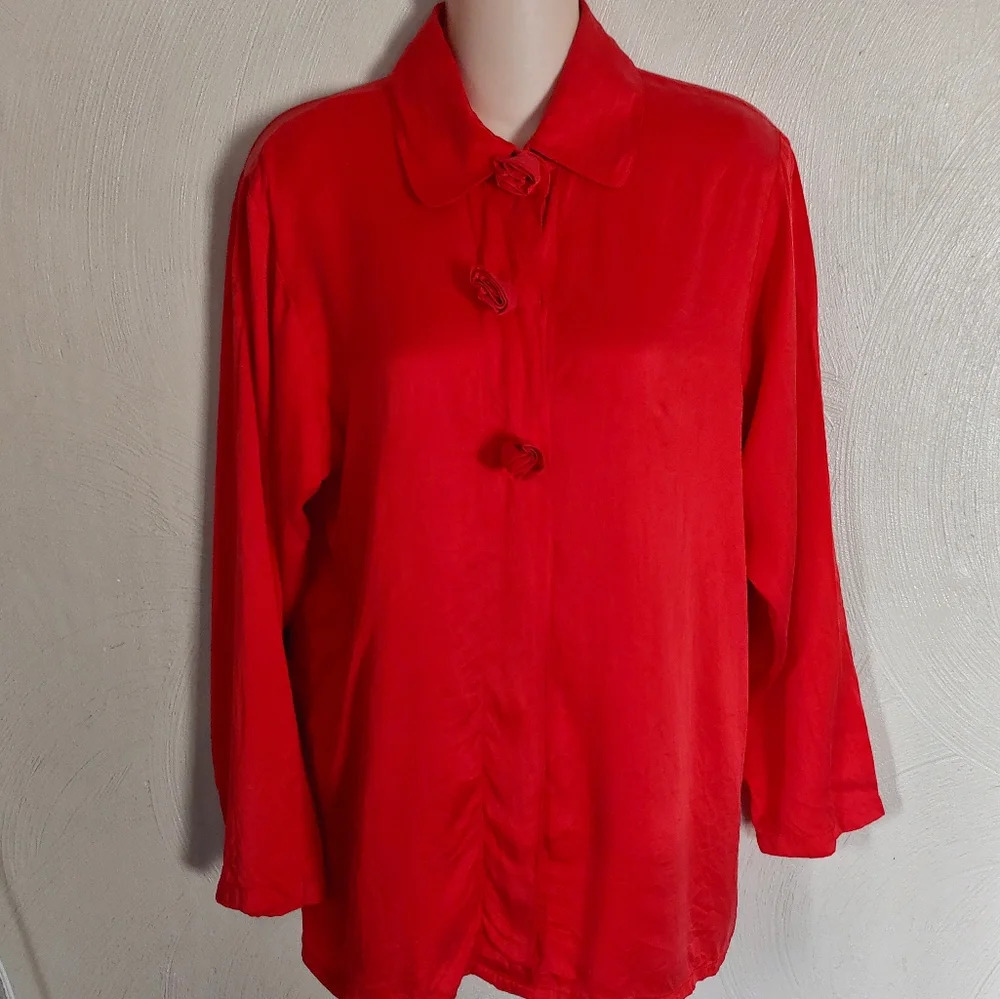 Vintage Mary Jo Bruno Orange Dilk Button Down Collared Blouse Top Size Women's S
